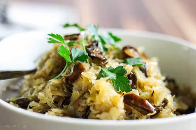 Close up shot of Kapusta - sauerkraut with wild mushrooms