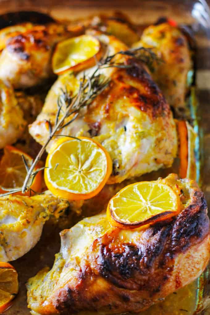 Dijon Meyer Lemon Chicken in a baking dish