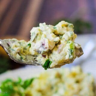 Potato Salad with eggs and pickles on a fork