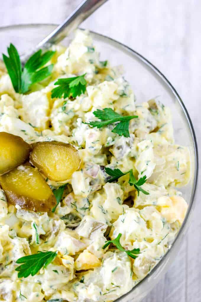 Potato Salad with Eggs and Pickles in a bowl 