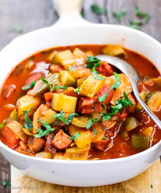 Tomato and Peppers Stew with Sausage in a serving bowl (Hungarian Lecho)