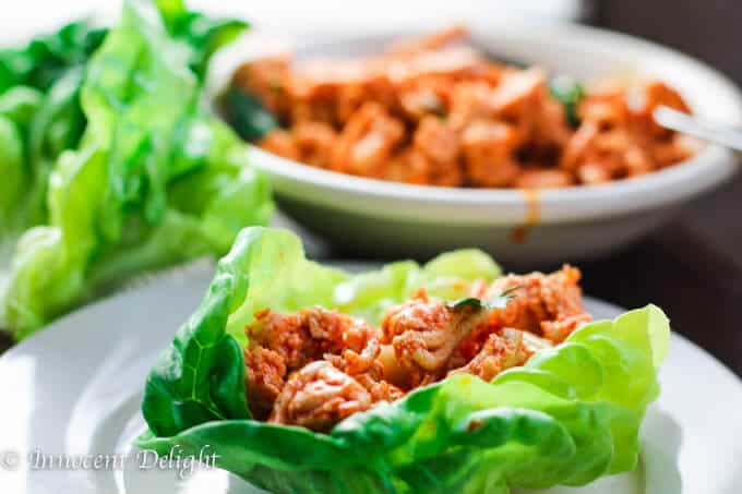 Buffalo turkey lettuce wraps with carrot celery slaw