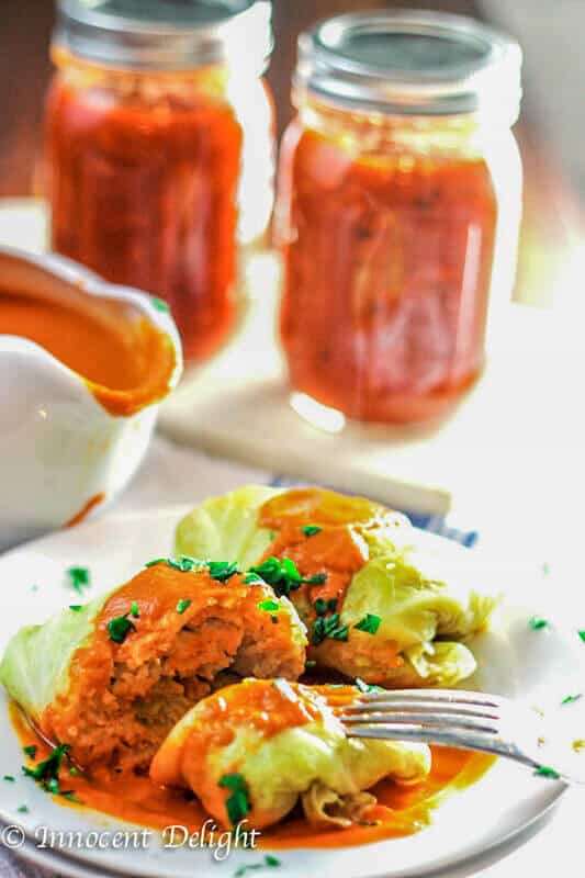 Stuffed Cabbage Rolls Golabki on a plate with sauce on a side