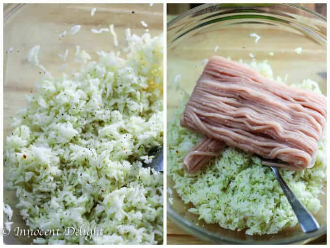 Skinny Stuffed Cabbage Rolls - process shot: rice and rice with turkey