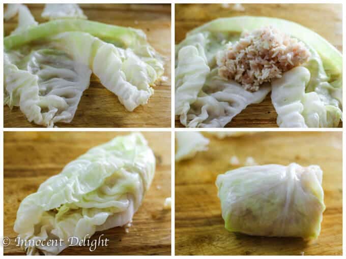 Skinny Stuffed Cabbage Rolls - process shot: folding the cabbage rolls