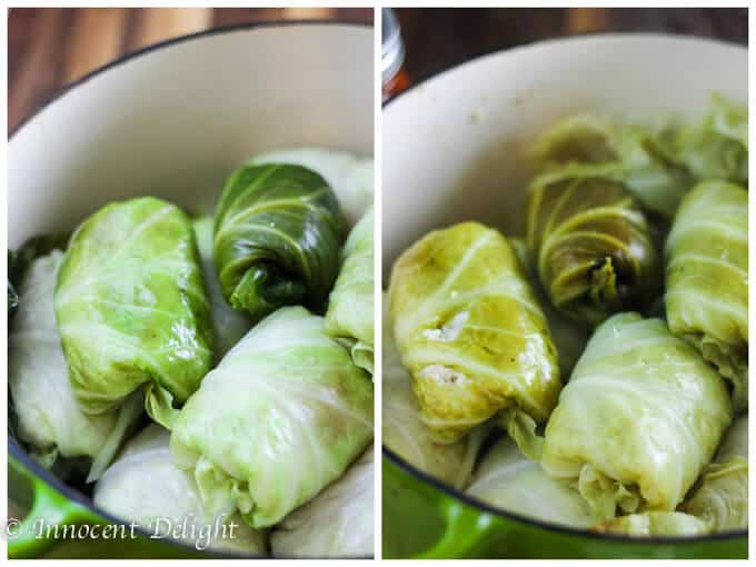 Skinny Stuffed Cabbage Rolls - process shot: cooking the cabbage