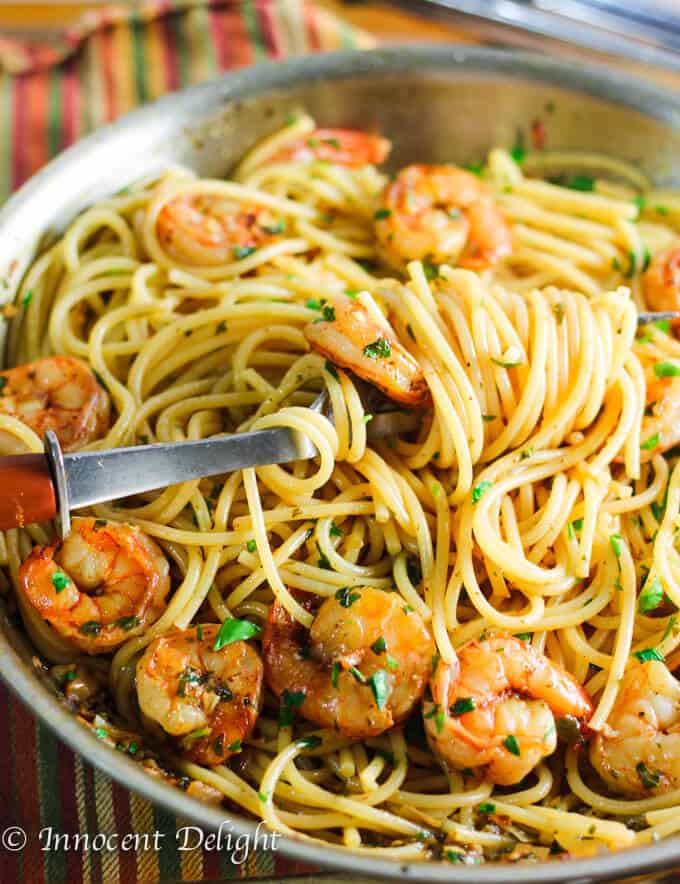 Easy Shrimp Scampi Spaghetti in a skillet with fork