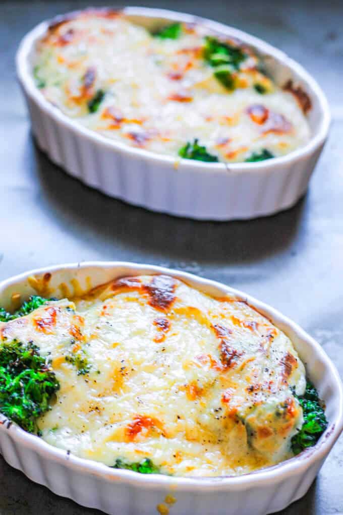 Cheesy Broccoli Au Gratin in individual baking dishes
