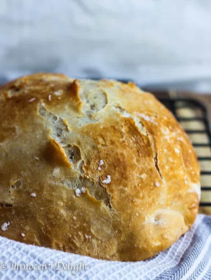 Homemade Dutch Oven Crusty Bread on a board with towel