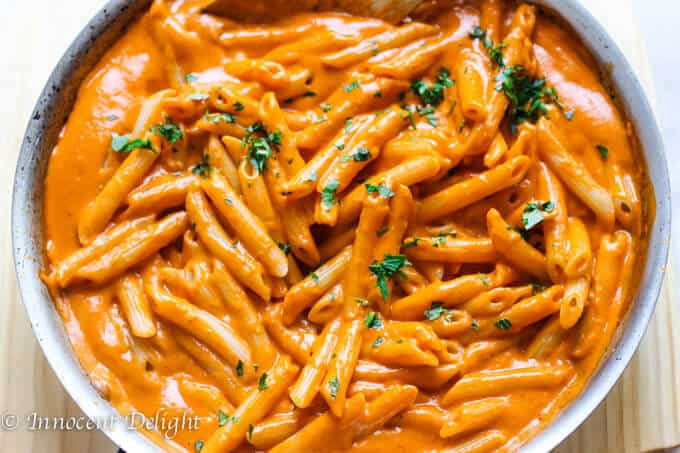  Pasta recipe with Oven Roasted Tomato Sauce in a skillet