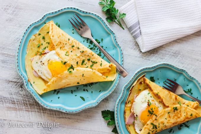 Crepes with egg, ham and cheese