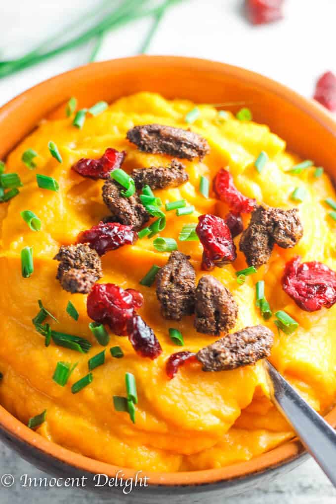 For this Maple Mashed Sweet Potatoes with Candid Pecans, Crasins and Chives