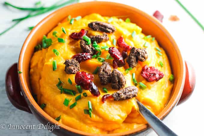 Maple Mashed Sweet Potatoes with Candid Pecans, Crasins and Chives