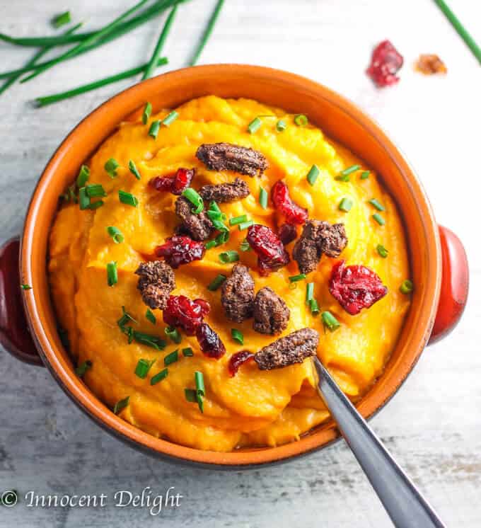 Maple Mashed Sweet Potatoes with Candid Pecans, Crasins and Chives