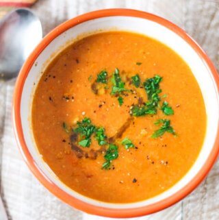 Perfect healthy, vegan, gluten free treat on chilly fall or freezing cold winter days. Tomatoes Red Lentils Coconut Soup - doesn't it sound amazing?