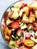 Summer Panzanella with Garlic Butter Bread - this popular Italian salad is a perfect addition to any summer meal or BBQ. Crusty bread that's been infused with garlic butter makes it irresistible.