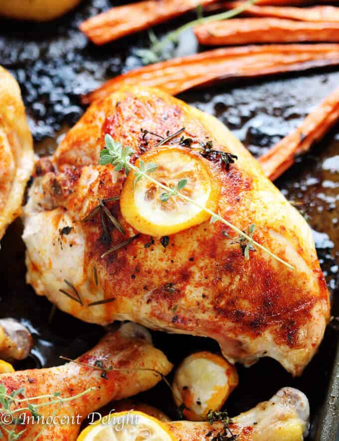 One Pan Herbed Lemon Chicken with Veggies Recipe - quick and easy dinner that requires minimal preparation that takes 5 minutes. The oven does the job for you.