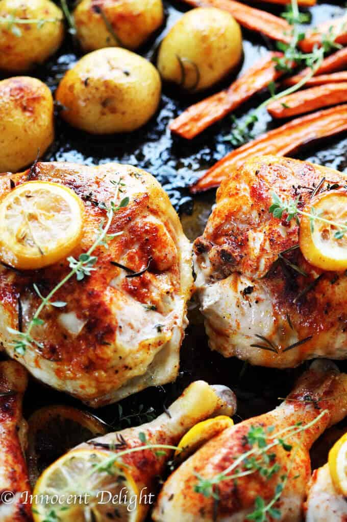 One Pan Herbed Lemon Chicken with Veggies Recipe - quick and easy dinner that requires minimal preparation that takes 5 minutes. The oven does the job for you. 