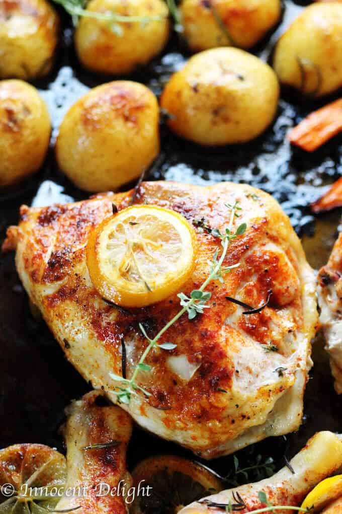 One Pan Herbed Lemon Chicken with Veggies Recipe - quick and easy dinner that requires minimal preparation that takes 5 minutes. The oven does the job for you. 