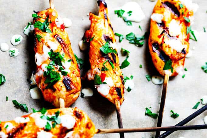 Honey Harrisa Chicken Skewers with Garlic Mint Sauce