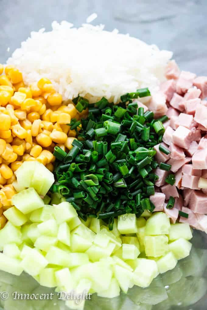 Rice Salad with Corn, Ham, Cucumber and Chives - super easy and refreshing salad that can easily replace your potato or pasta salad for the next BBQ gathering