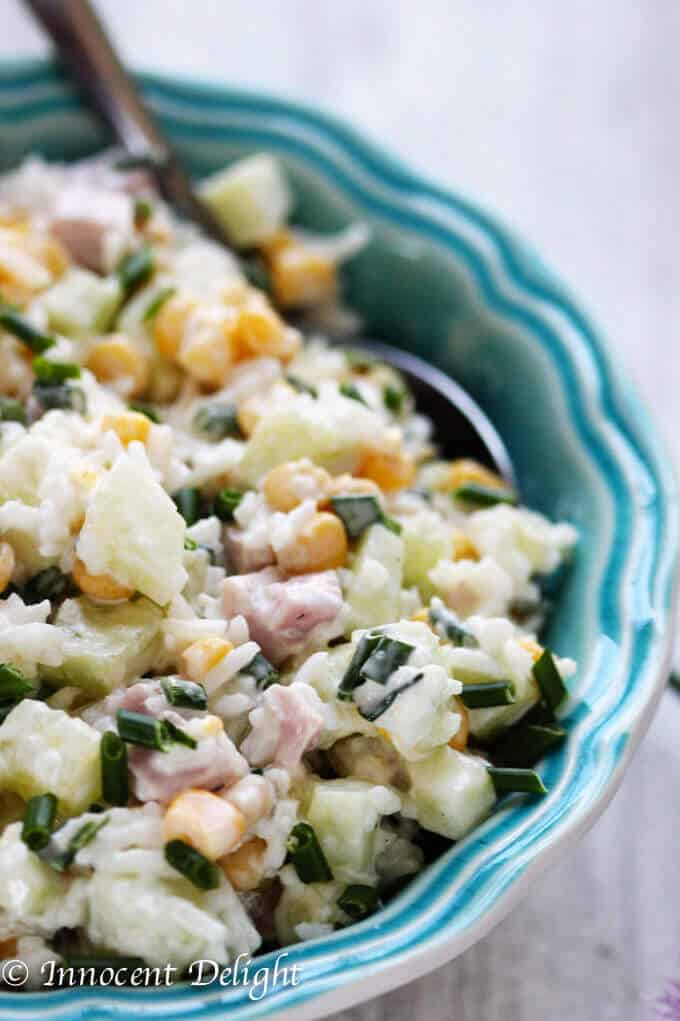 Rice Salad with Corn, Ham, Cucumber and Chives - super easy and refreshing salad that can easily replace your potato or pasta salad for the next BBQ gathering.