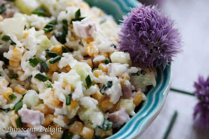 Rice Salad with Corn, Ham, Cucumber and Chives - super easy and refreshing salad that can easily replace your potato or pasta salad for the next BBQ gathering.