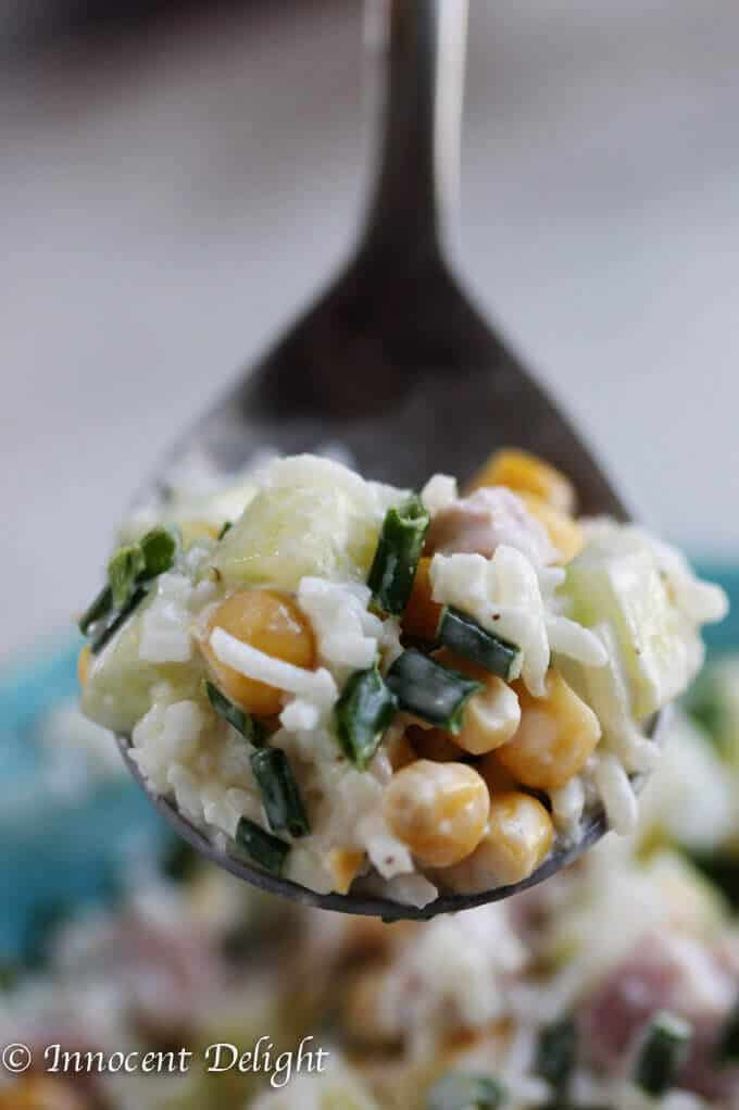 Rice Salad with Corn, Ham, Cucumber and Chives - super easy and refreshing salad that can easily replace your potato or pasta salad for the next BBQ gathering.