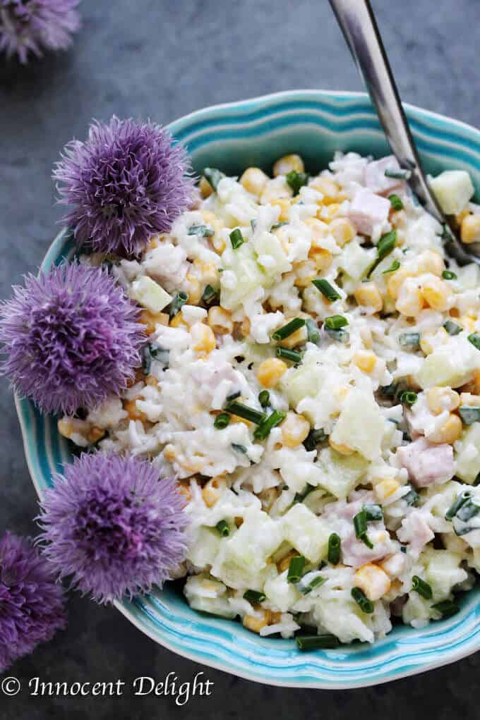 Rice Salad with Corn, Ham, Cucumber and Chives - super easy and refreshing salad that can easily replace your potato or pasta salad for the next BBQ gathering.