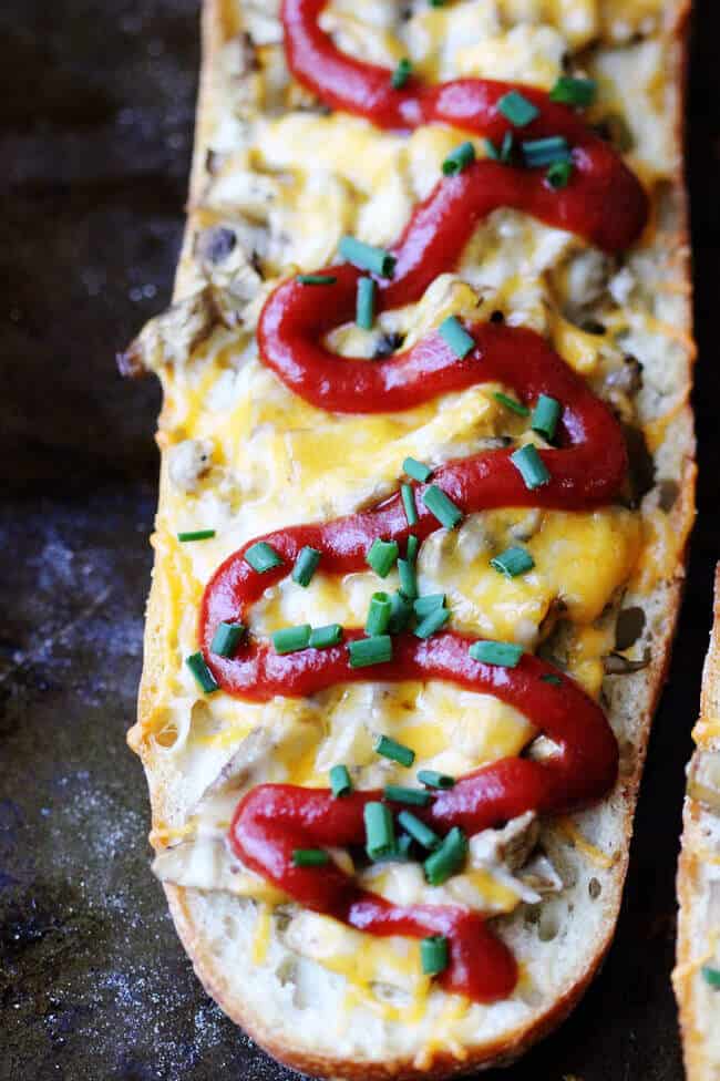 Open Face Mushroom and Cheese Sandwich - famous Polish street food called Zapiekanka or Zapiekanki in plural. You can find them on every corner in Poland.