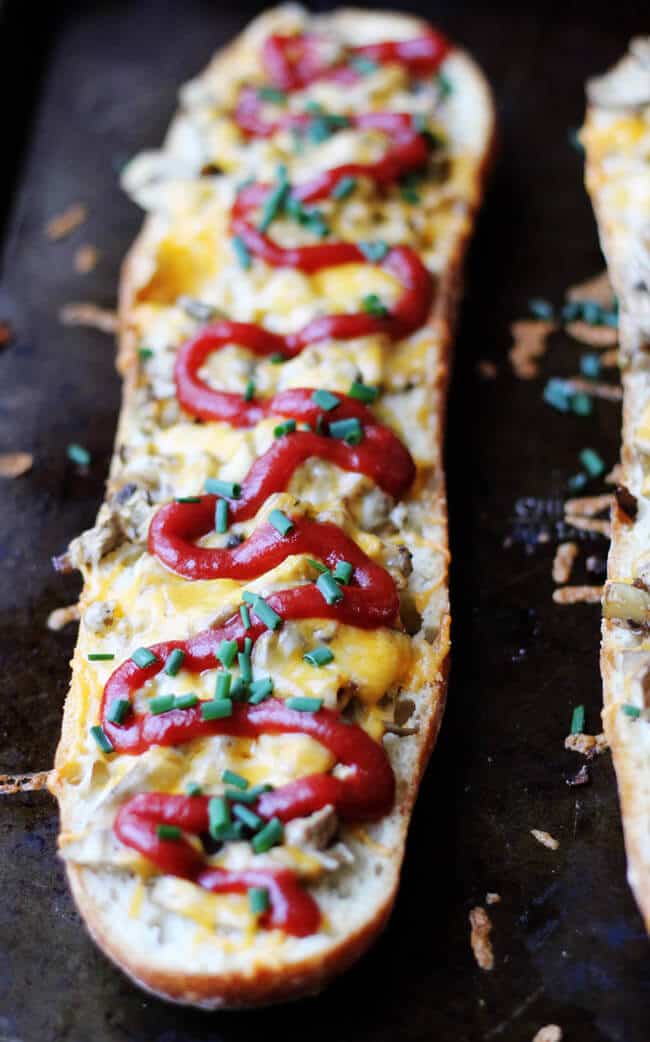 Open Face Mushroom and Cheese Sandwich - famous Polish street food called Zapiekanka or Zapiekanki in plural. You can find them on every corner in Poland.