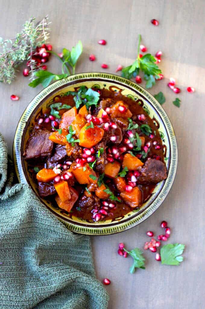 Butternut Squash Beef Stew with Cinnamon and Pomegranates - perfect comfort winter food - Innocent Delight