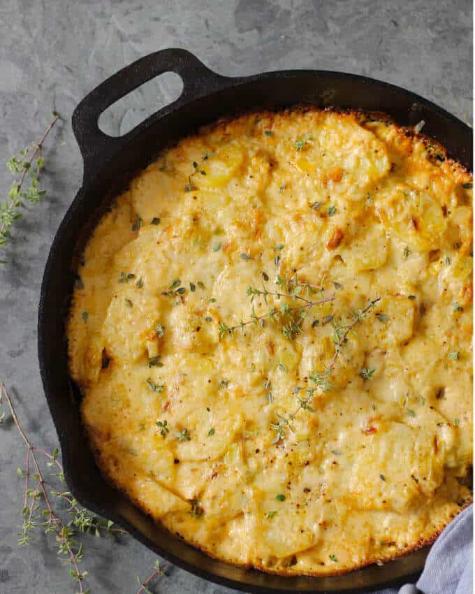 Potato Leek Casserole in a skillet