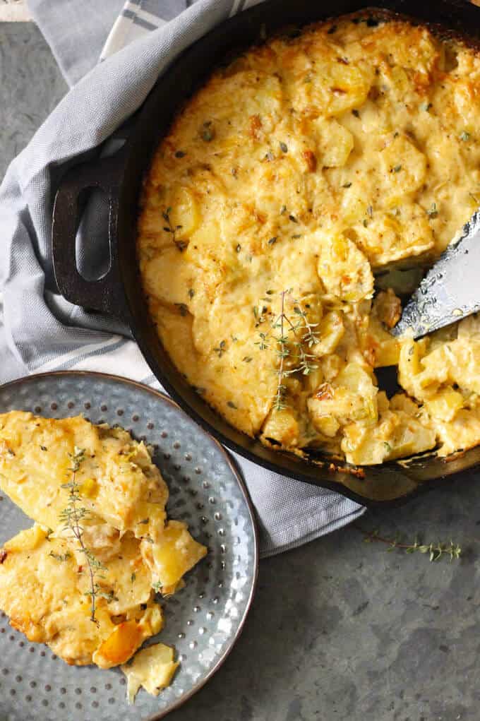 Potato Leek Casserole in a skillet and on a plate