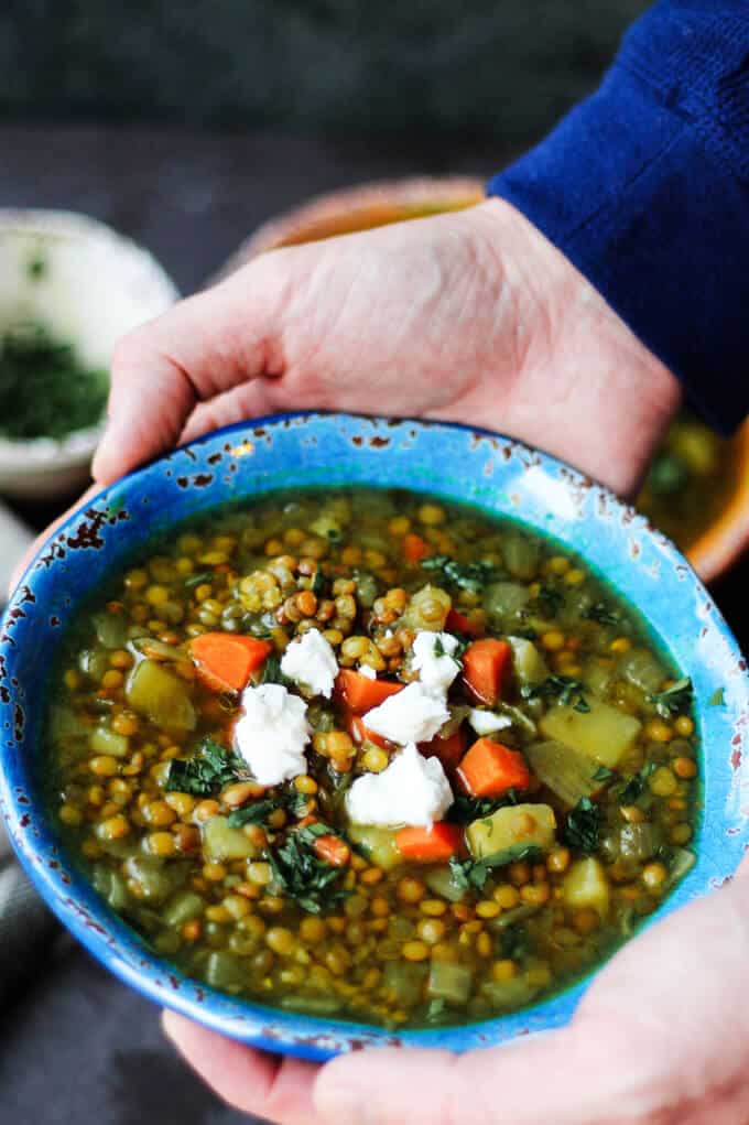 Greek Lentil Soup with Feta in a blue ball