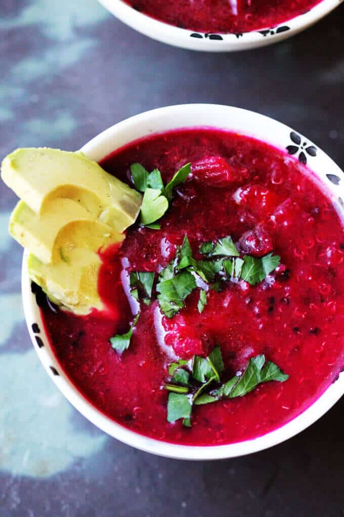 Beets Quinoa Avocado Soup – a colorful vegan bowl full of nutrients