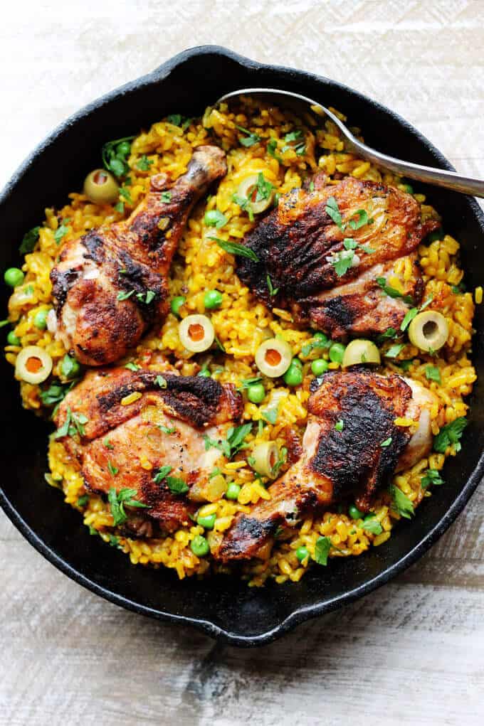 One Pot Chicken Saffron Rice with Peas and Olives - Eating European