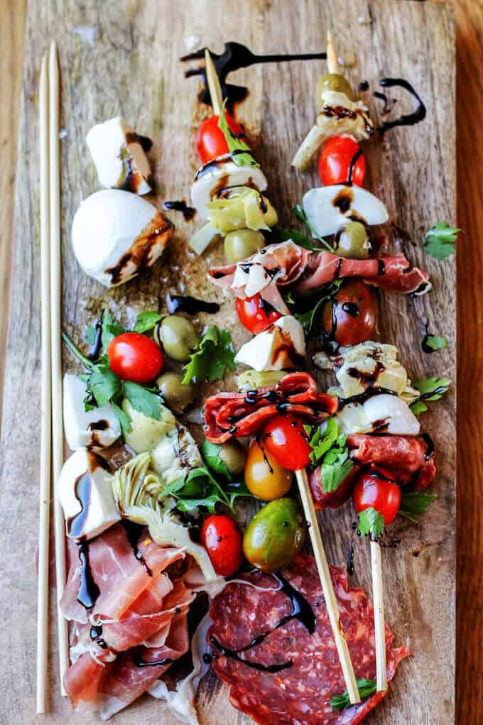 Italian Antipasto Skewers on a serving board