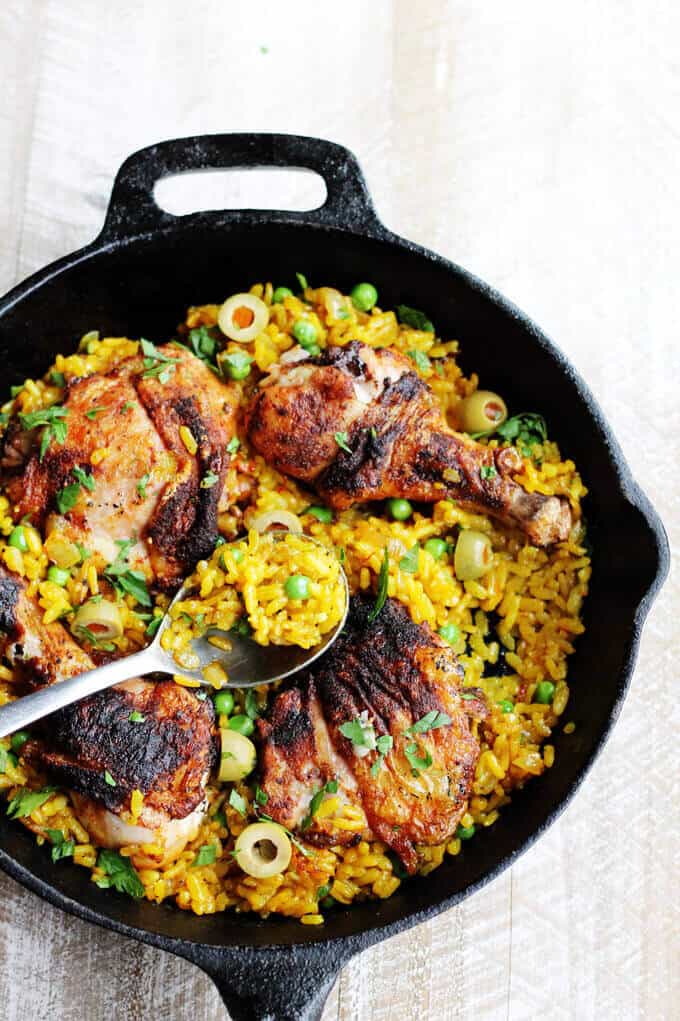 One Pot Chicken Saffron Rice with Peas and Olives - Eating European