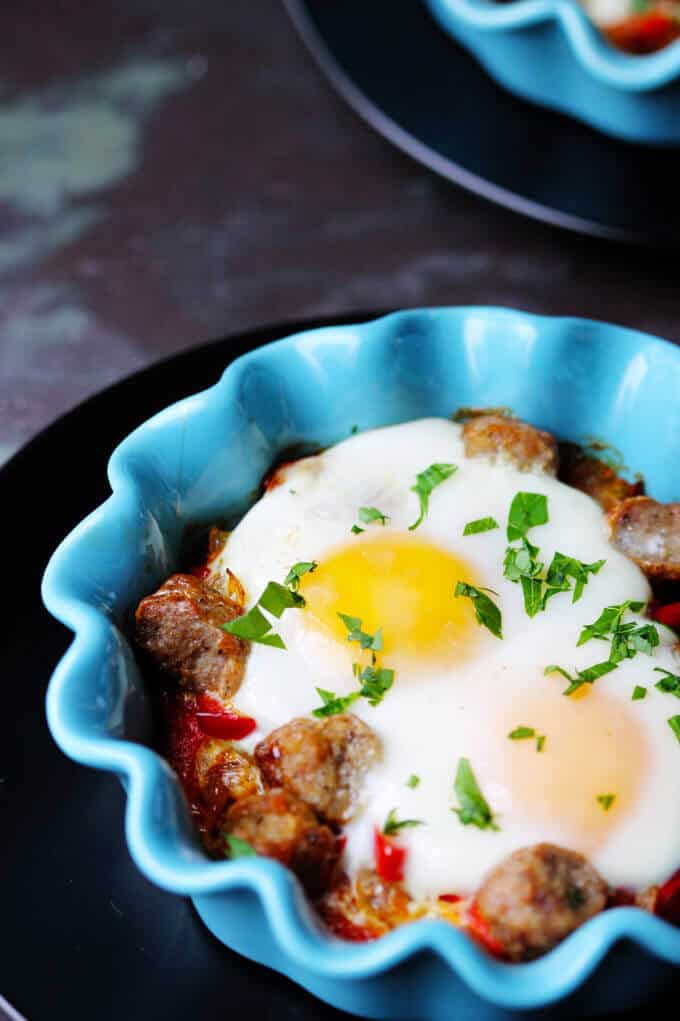 Oven Baked Eggs with Sausage, Peppers & Onions