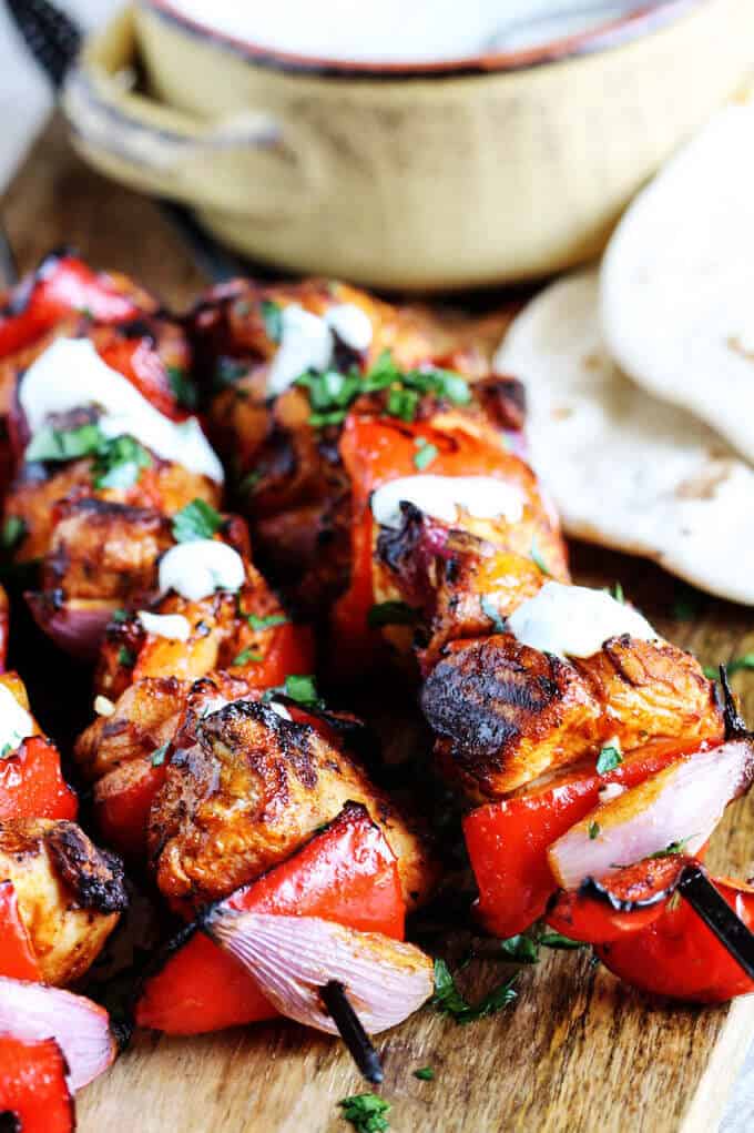 Chili Garlic Chicken Skewers with Yogurt Sauce