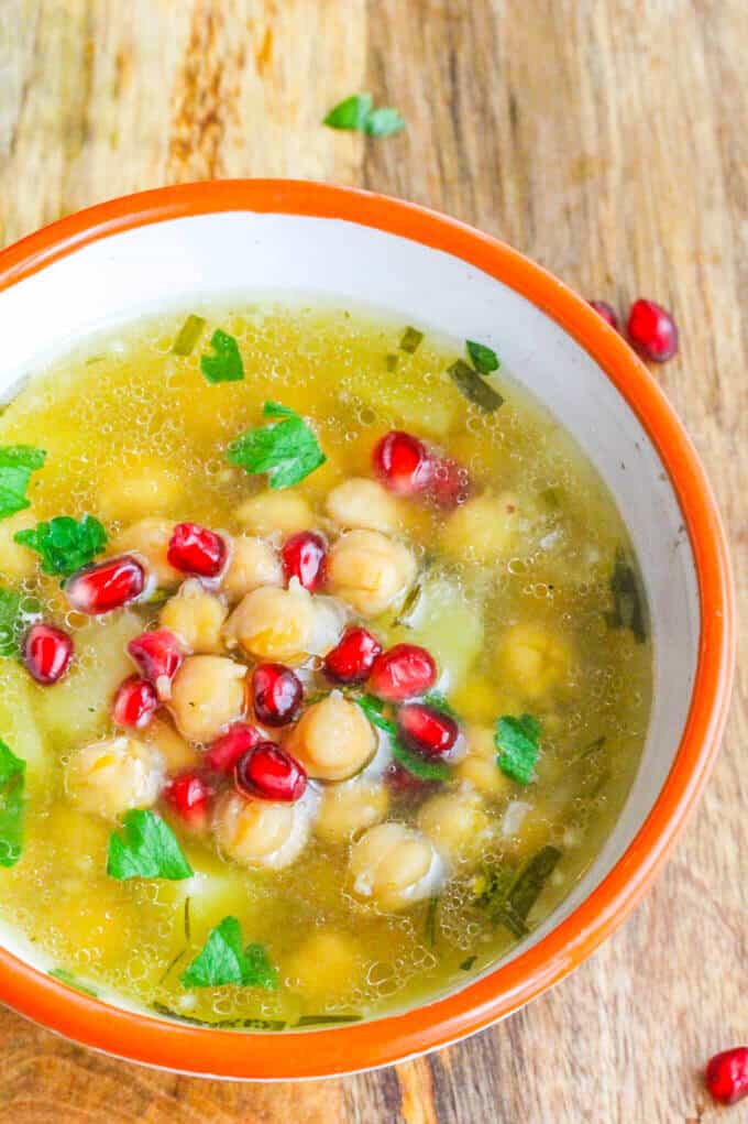 Greek Chickpea Soup Revithosoupa with pomegranate in a bowl