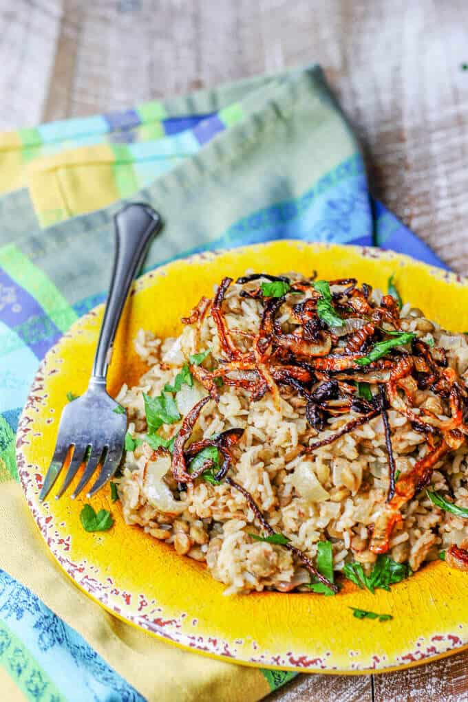 Lentils and Rice with Fried Onions with fork