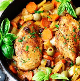 Fennel Chicken Mediterranean Style with carrots, raisins and olives is a very easy, one pot meal recipe for any day of the week. It is seasoned with cinnamon, cumin and smoked paprika for an irresistible and flavorful chicken dish.