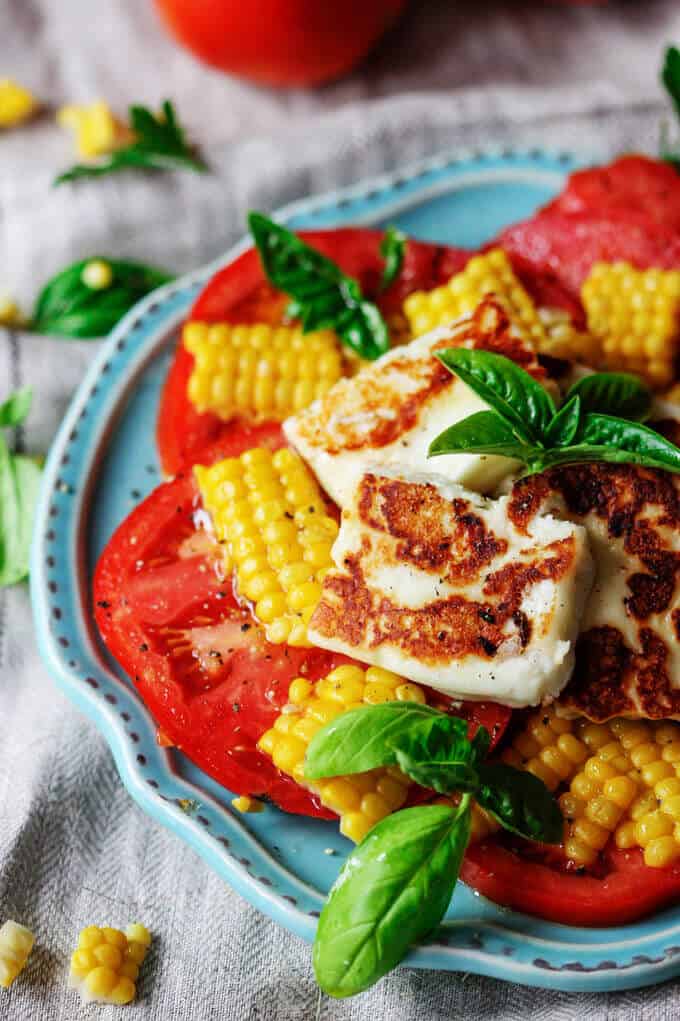 Fried Halloumi Cheese with Corn & Tomatoes