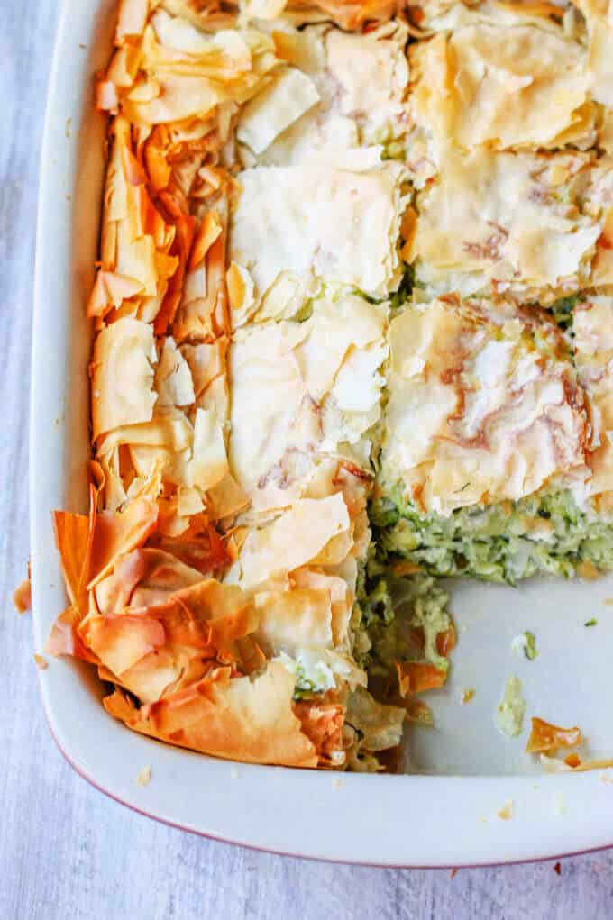 Kolokithopita Greek Zucchini Pie in a casserole dish
