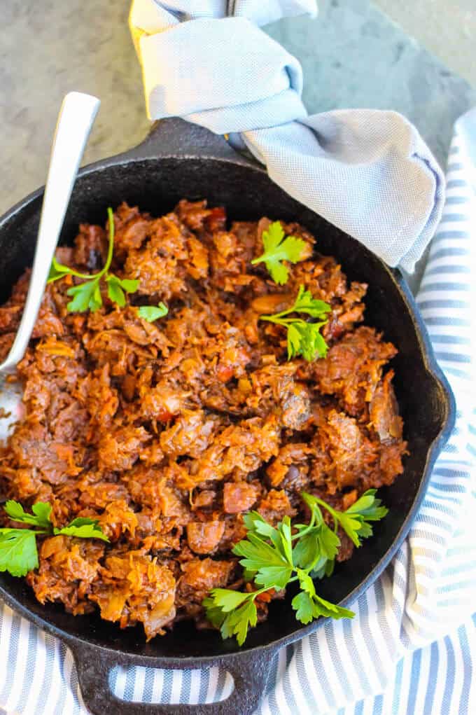 Bigos stew in a skillet