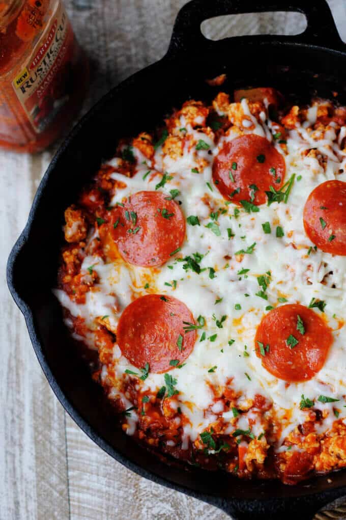 Skillet Pepperoni Pizza Sloppy Joes are a very easy dish with ground turkey, Bertolli Rustic Cut Marinara Sauce, peperoni and mozzarella cheese. It can be served on a bun or over pasta or polenta #Ad #ReachforRustic