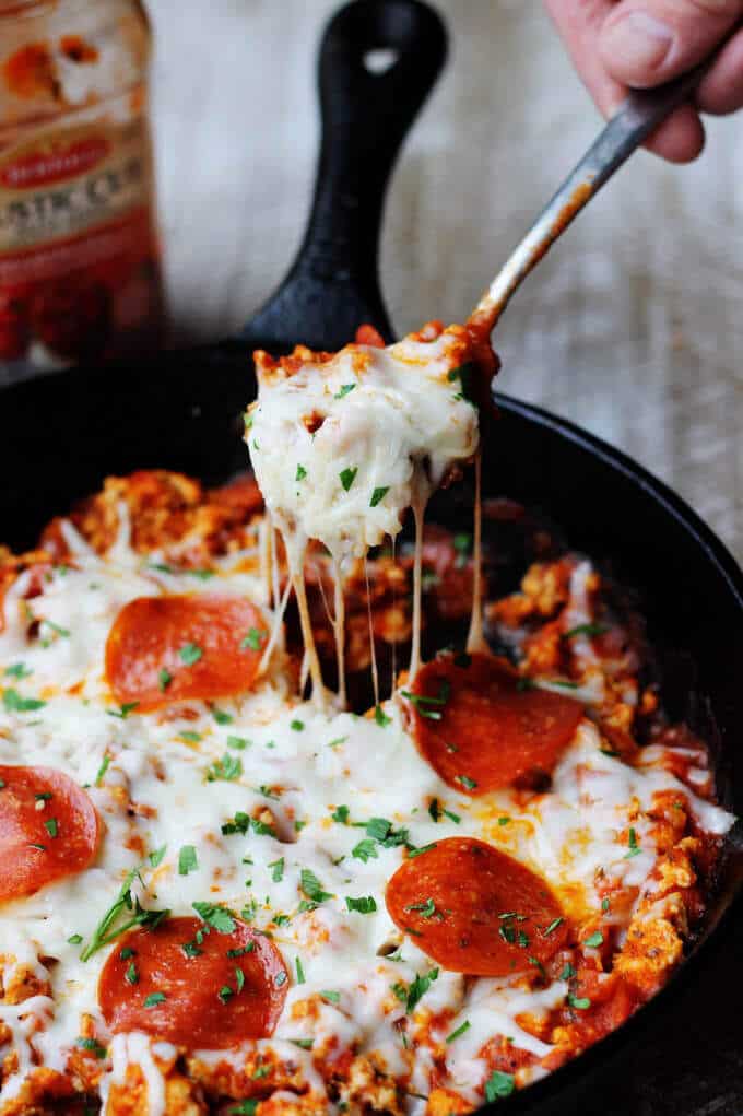 Skillet Pepperoni Pizza Sloppy Joes are a very easy dish with ground turkey, Bertolli Rustic Cut Marinara Sauce, peperoni and mozzarella cheese. It can be served on a bun or over pasta or polenta #Ad #ReachforRustic