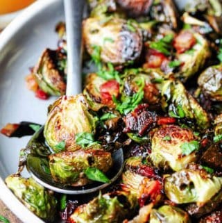 Balsamic Glazed Brussels Sprouts with Bacon is the perfect side dish for any holiday.  This can be done in 20 minutes while the turkey is out of the oven and resting.